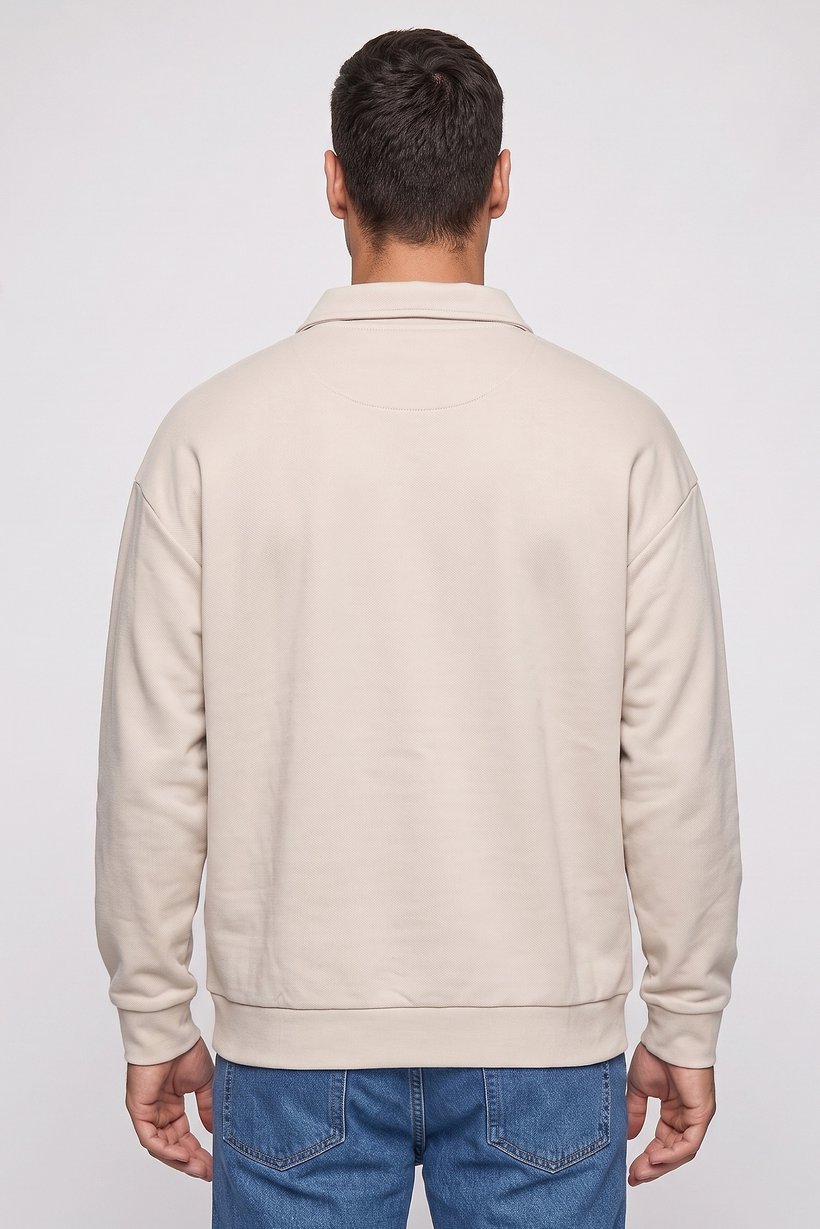 Men Spread Collar Textured Long Sleeve Sweatshirt, Beige