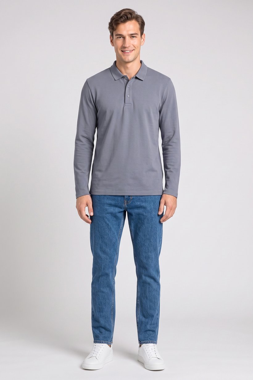 Men Regular Fit Plain Long Sleeve Polo Shirt, Slate Blue