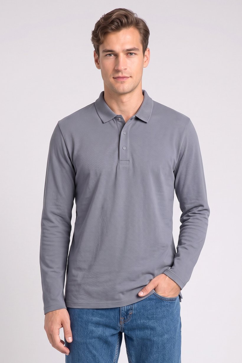 Men Regular Fit Plain Long Sleeve Polo Shirt, Slate Blue