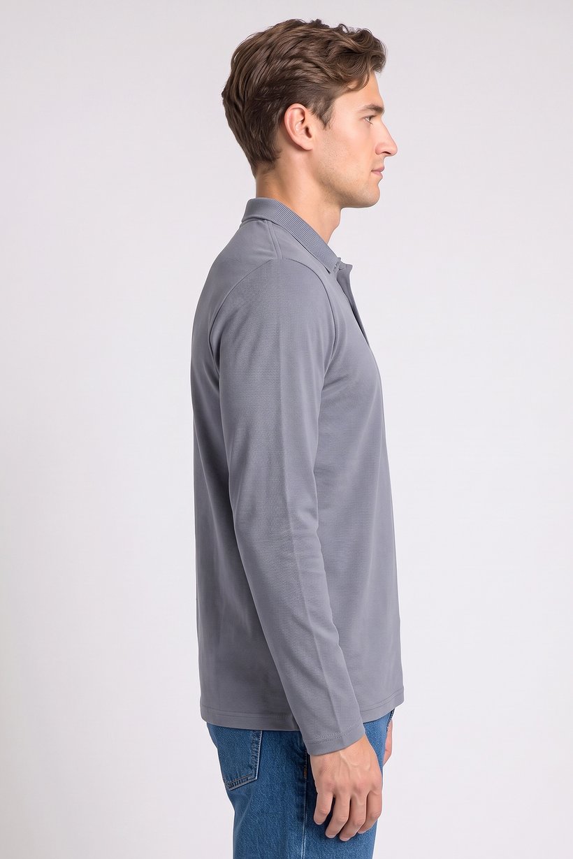 Men Regular Fit Plain Long Sleeve Polo Shirt, Slate Blue
