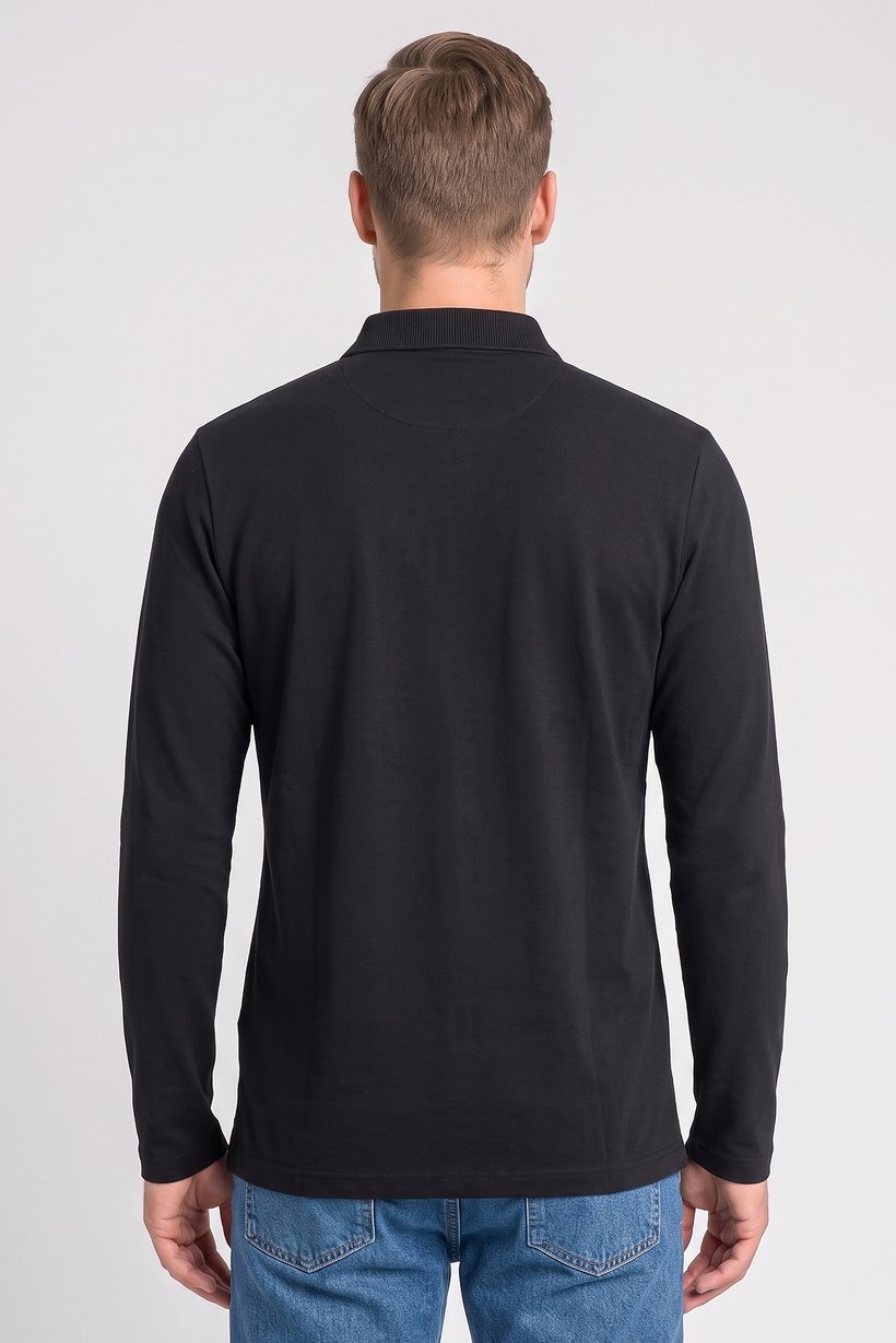 Men Regular Fit Plain Long Sleeve Polo Shirt, Black