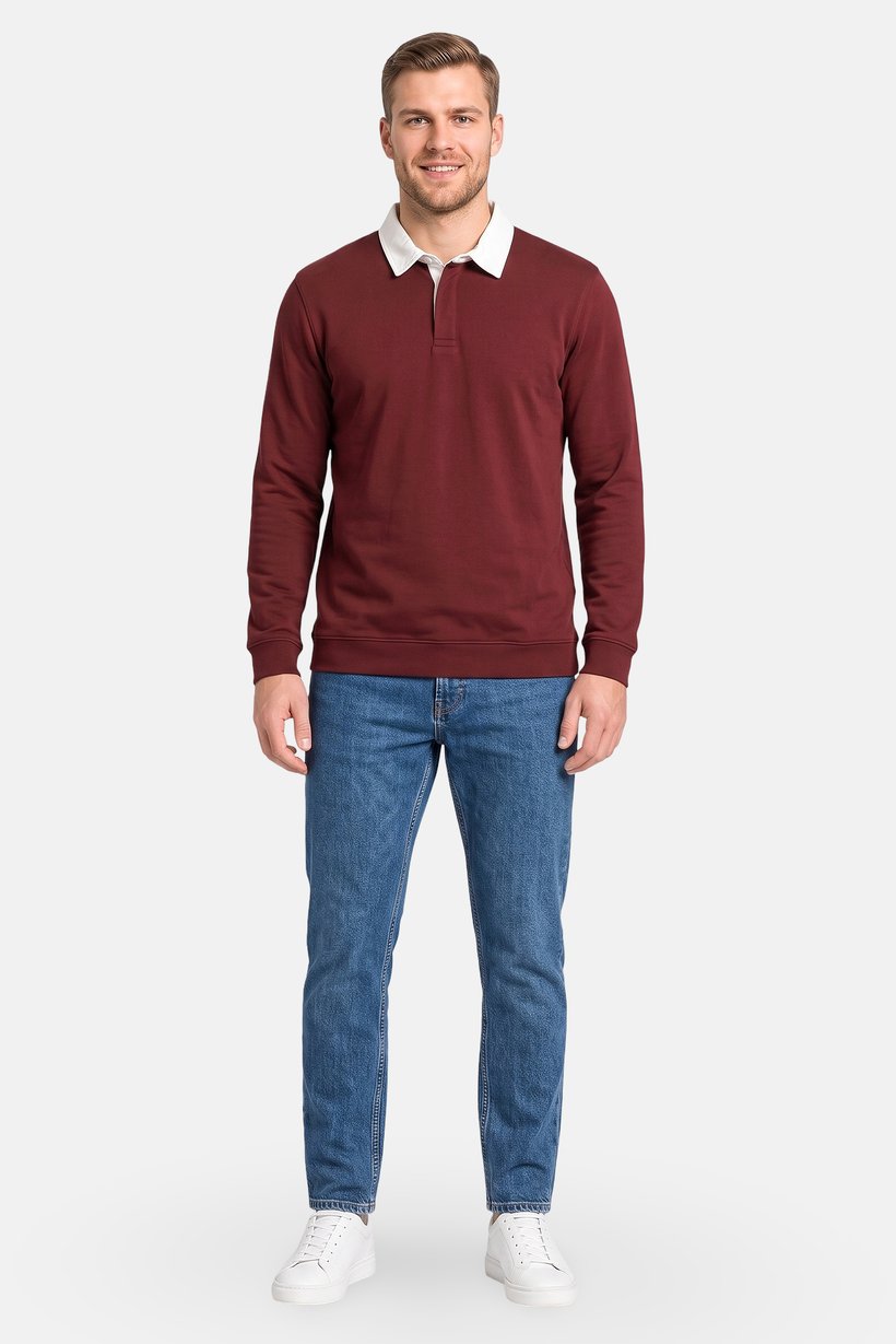 Men Regular Fit Long Sleeve Plain Polo Shirt, Maroon