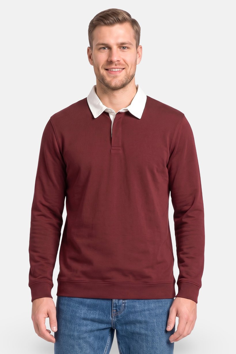 Men Regular Fit Long Sleeve Plain Polo Shirt, Maroon