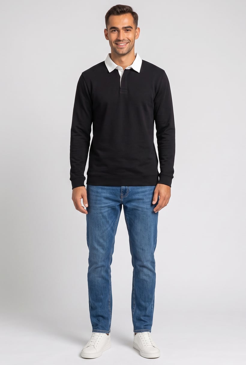 Men Regular Fit Long Sleeve Plain Polo Shirt, Black