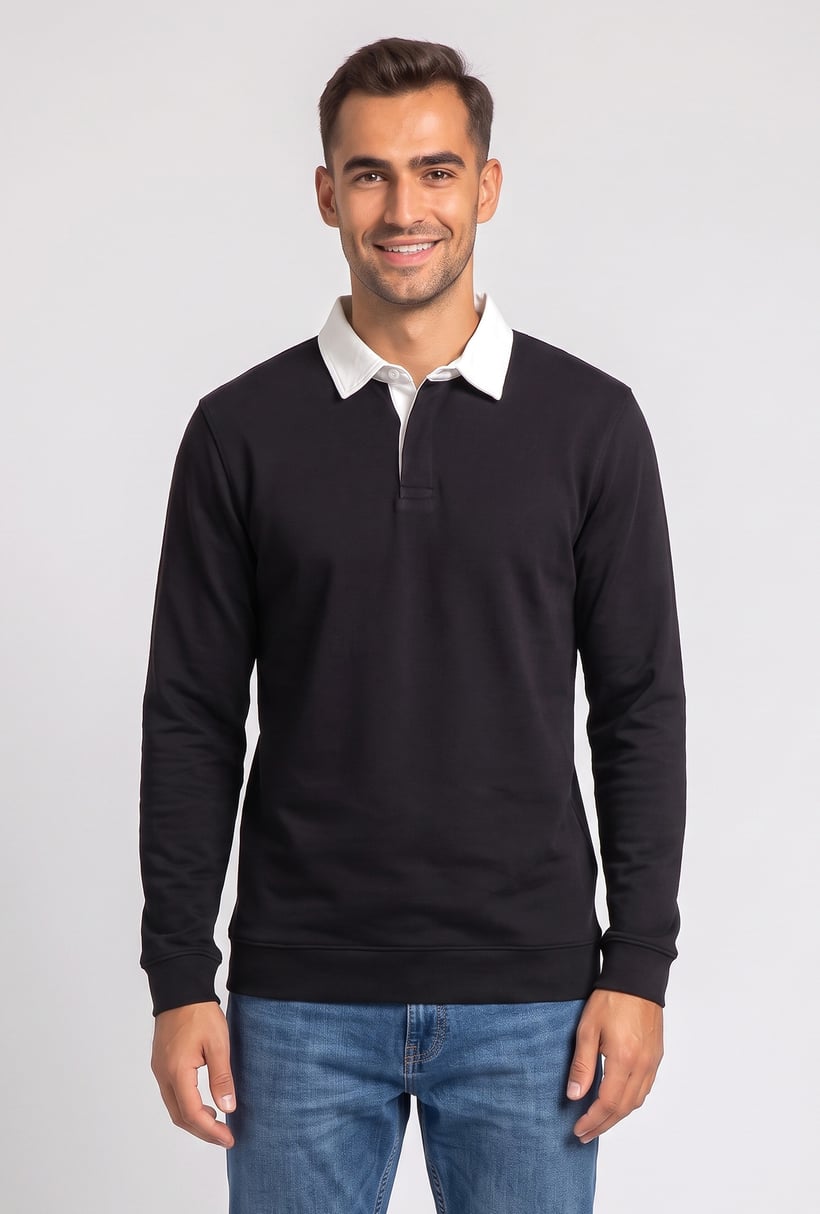 Men Regular Fit Long Sleeve Plain Polo Shirt, Black