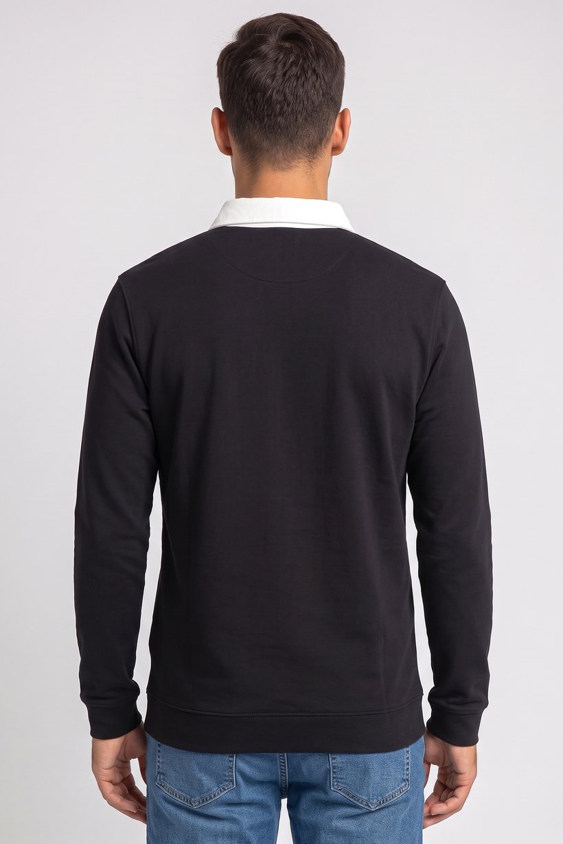 Men Regular Fit Long Sleeve Plain Polo Shirt, Black