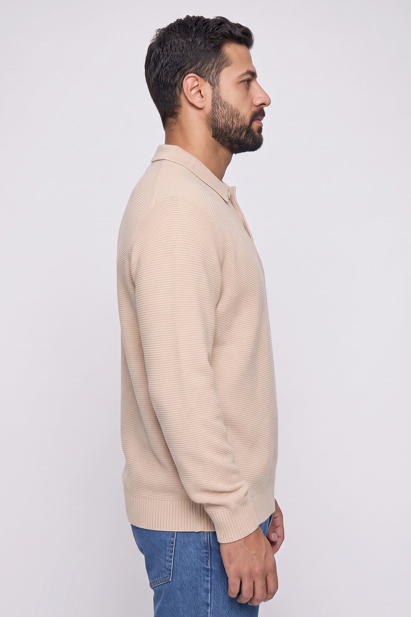 Men Spread Collar Long Sleeve Knitted Sweater, Beige