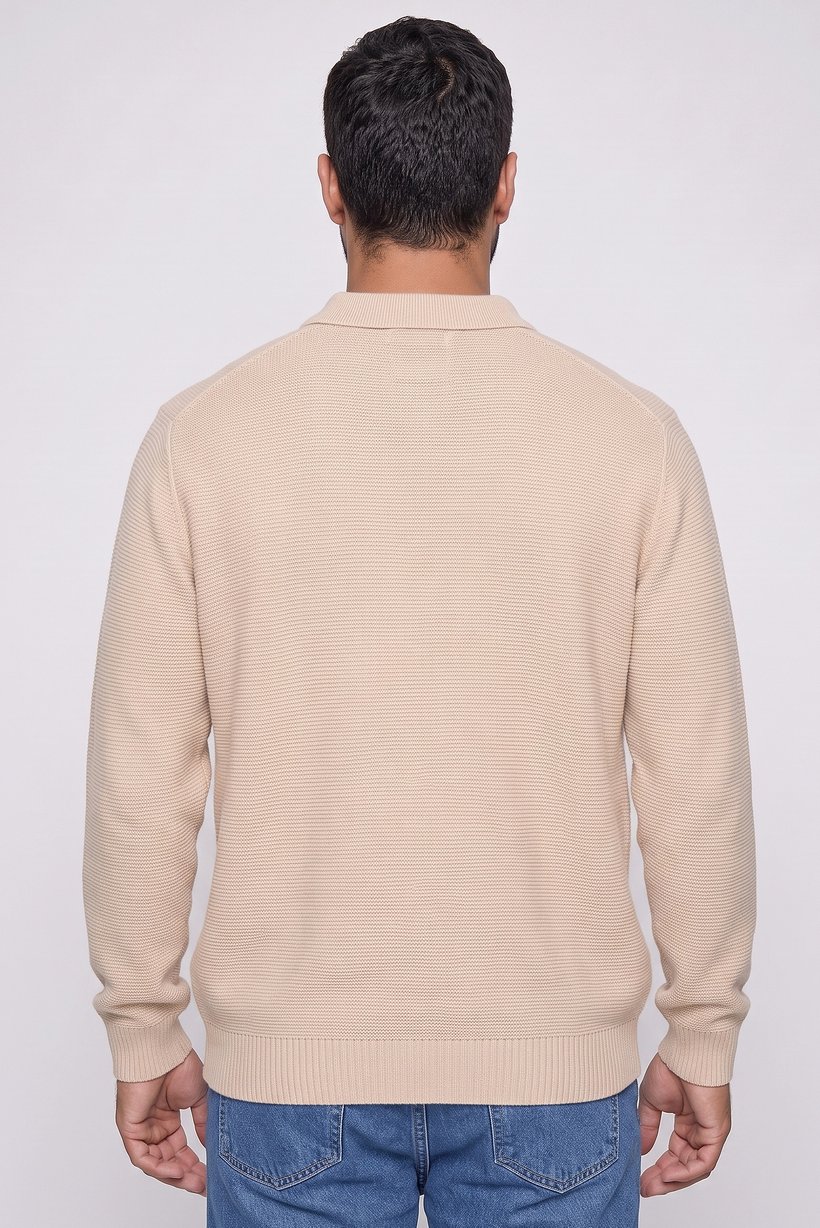 Men Spread Collar Long Sleeve Knitted Sweater, Beige