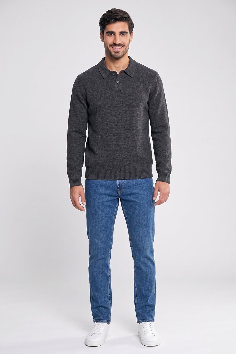 Men Spread Neck Knitted Sweater, Dark Grey
