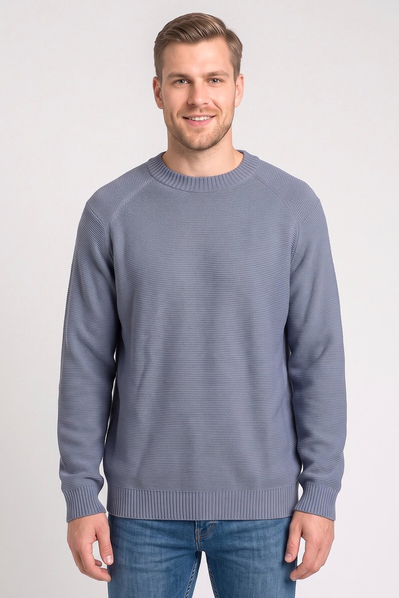 Men Ribbed Collar Long Sleeve Knitted Sweater, Slate Blue