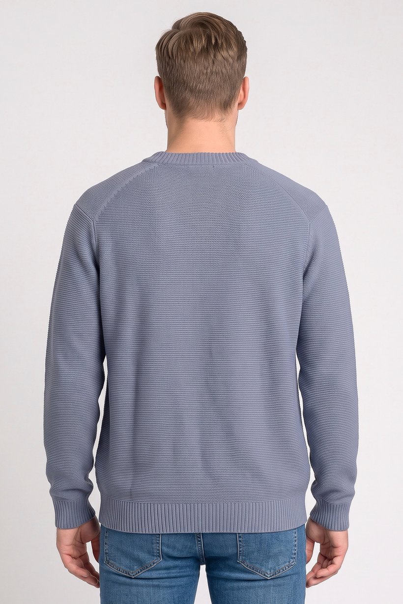 Men Ribbed Collar Long Sleeve Knitted Sweater, Slate Blue