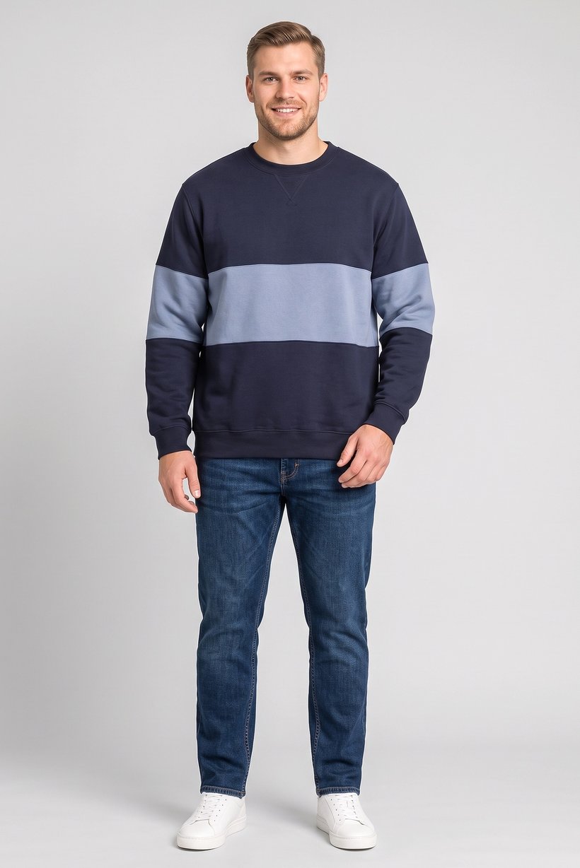 Men Crew Neck  Solid Long Sleeve Sweatshirt, Navy Blue