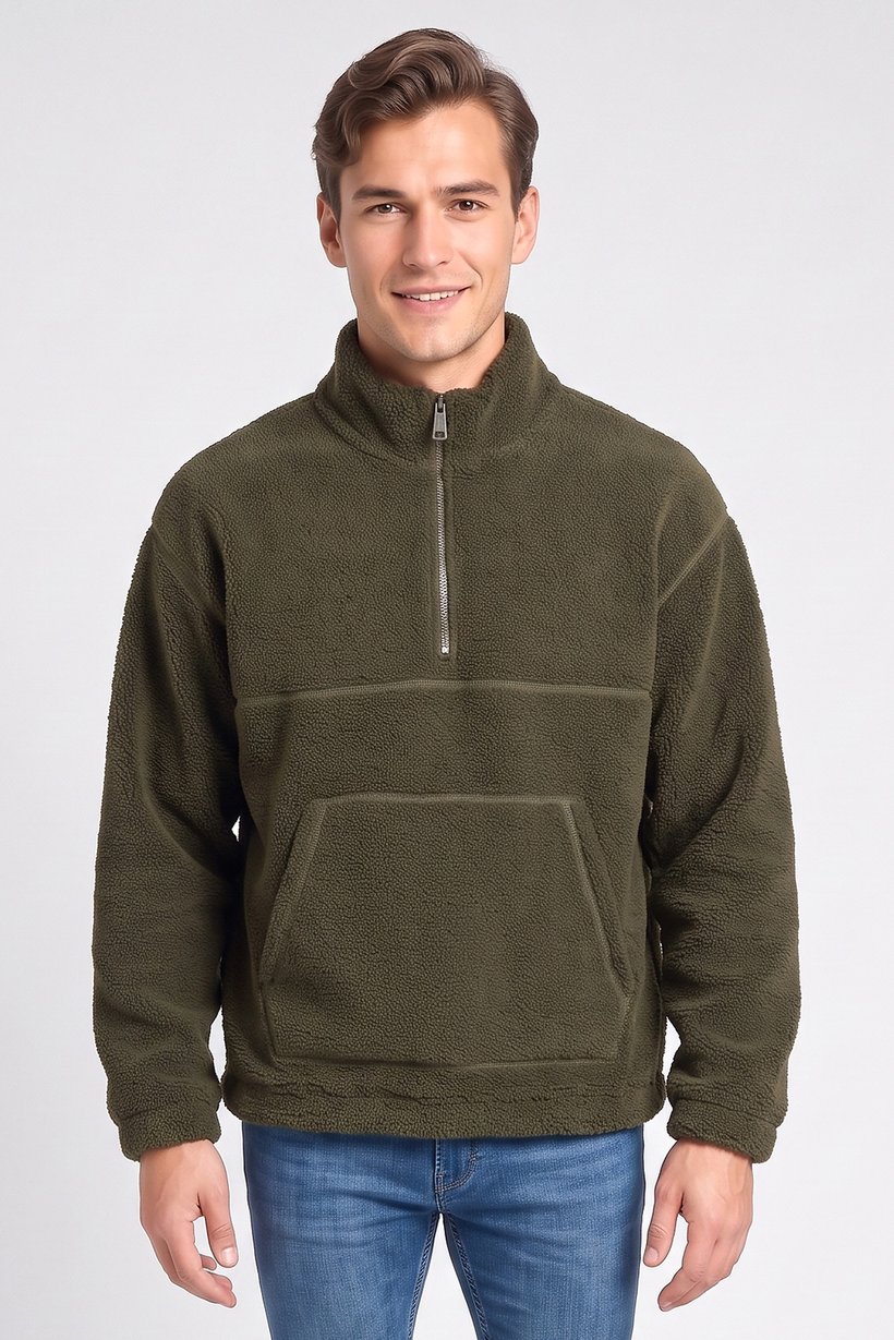 Men Mock Neck Textured Half Zip Sweatshirt, Deep Khaki