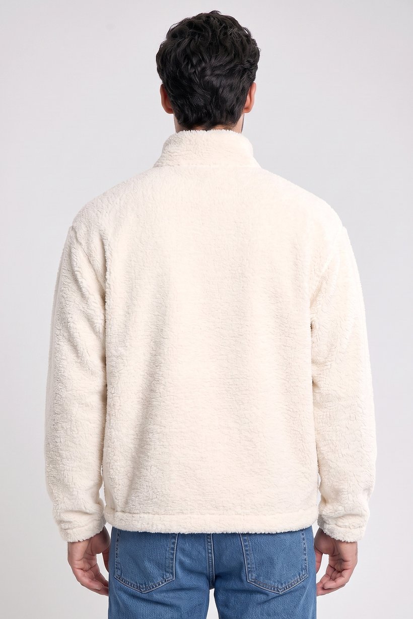 Men High Neck Textured Half Zip Sweatshirt, Cream