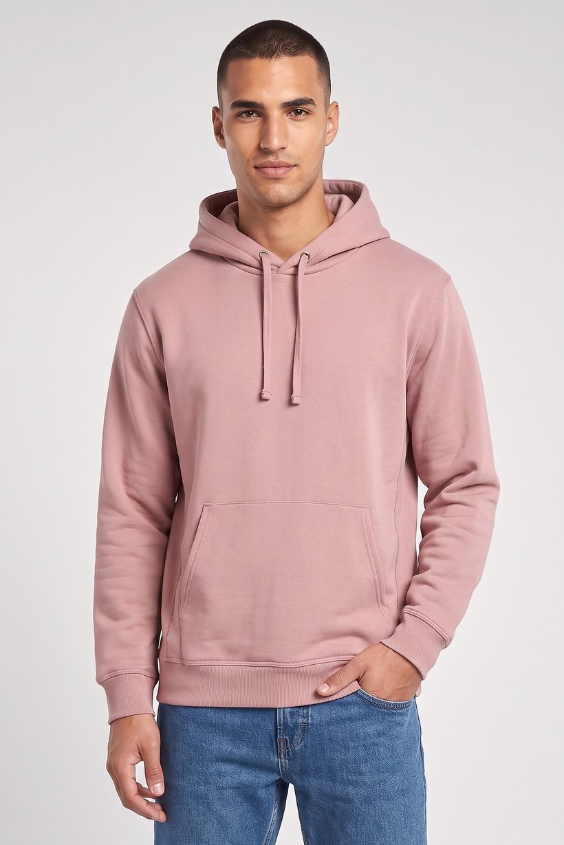 Men Solid Long Sleeve Hoodie, Dusty Pink