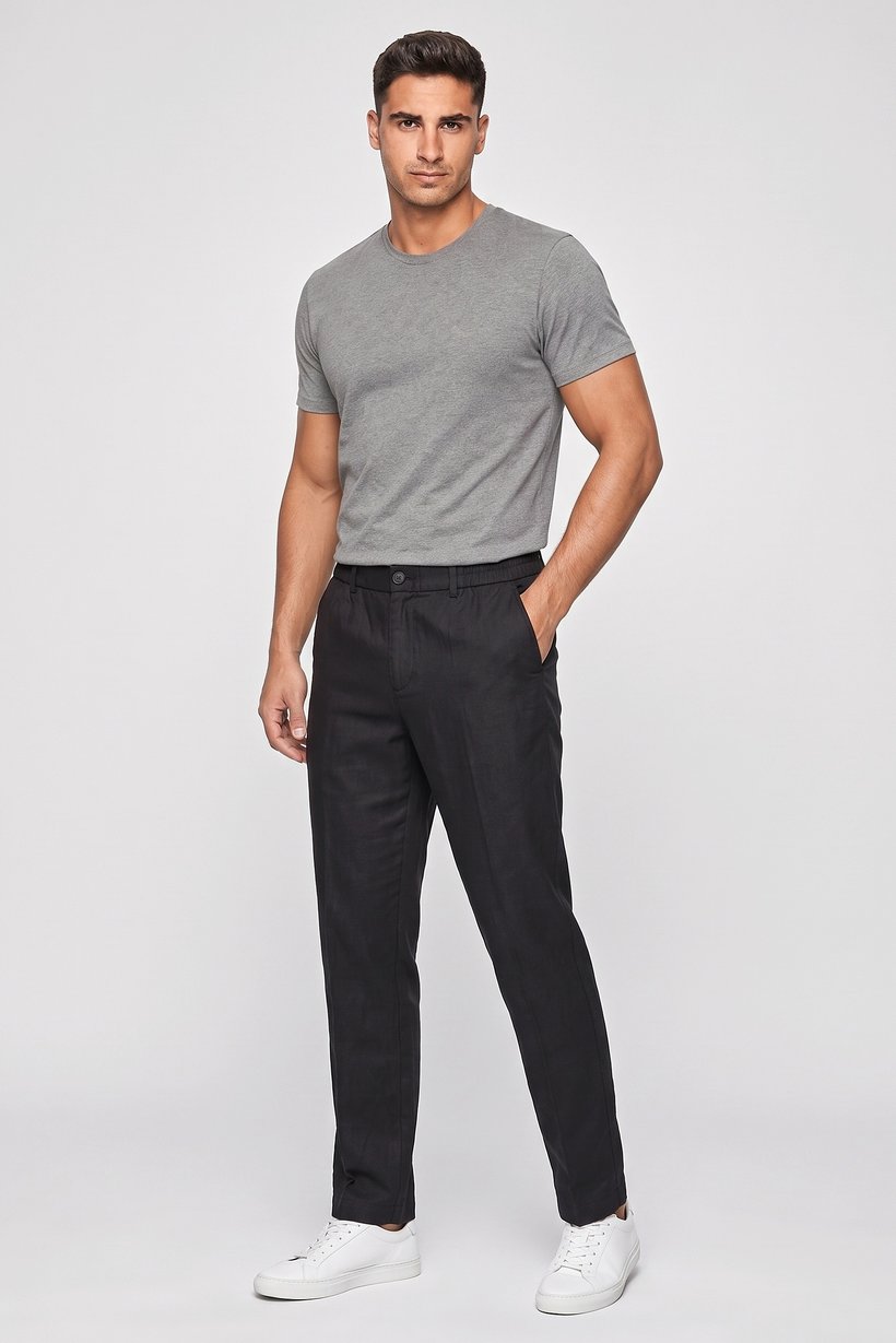 Men Regular Fit Solid Straight Leg Pants, Black