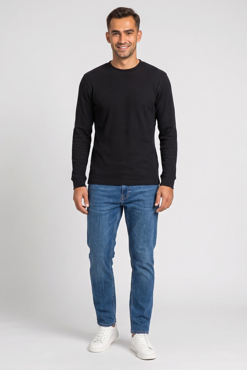 Men Crew Neck Long Sleeve Textured Sweatshirt, Black