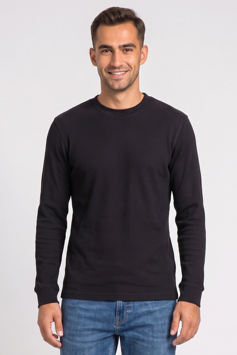 Men Crew Neck Long Sleeve Textured Sweatshirt, Black