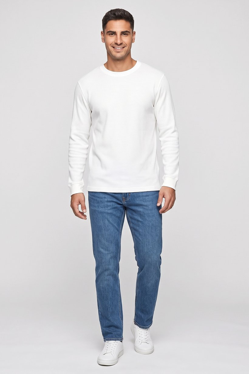 Men Crew Neck Long Sleeve Textured T-Shirt, White