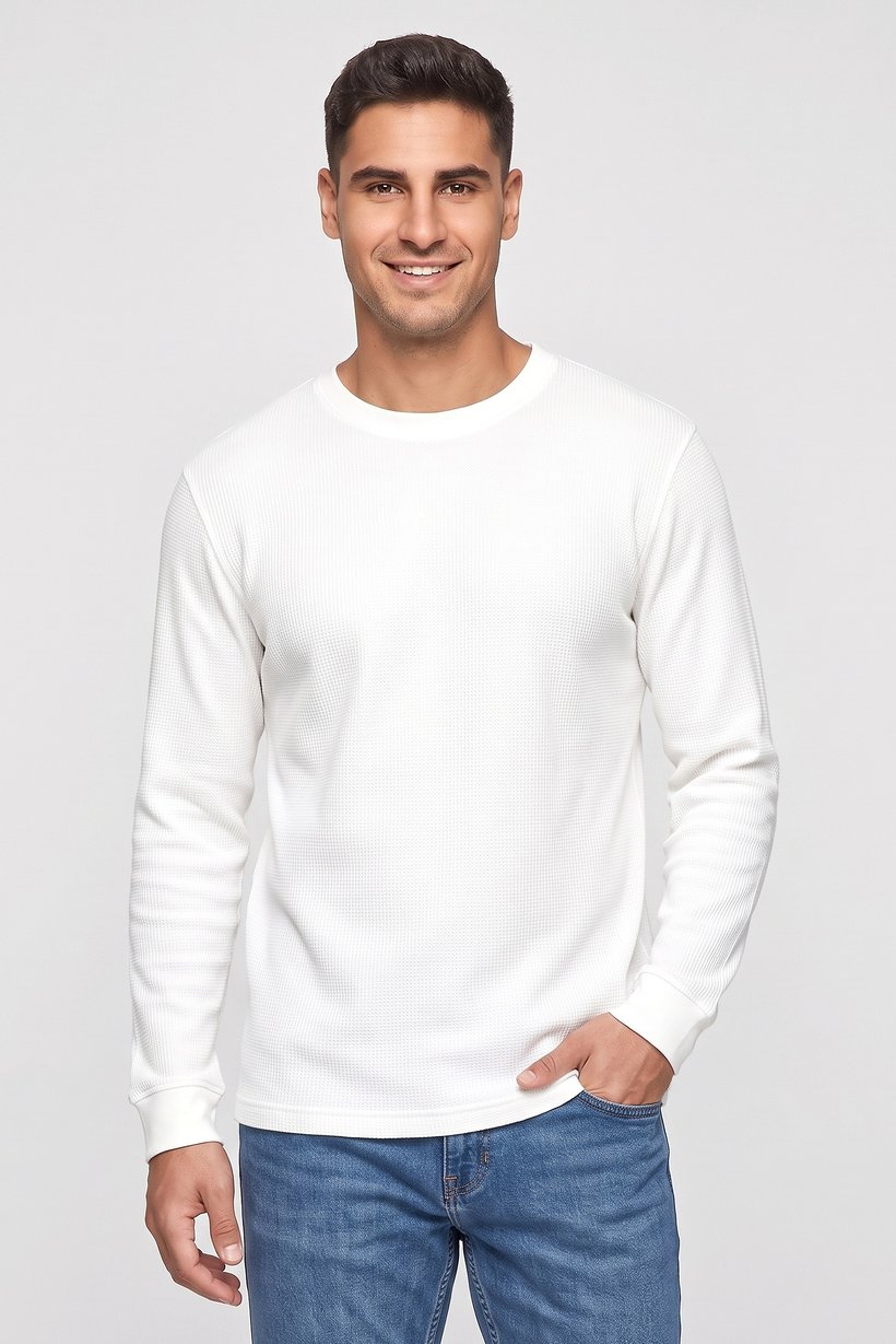 Men Crew Neck Long Sleeve Textured T-Shirt, White