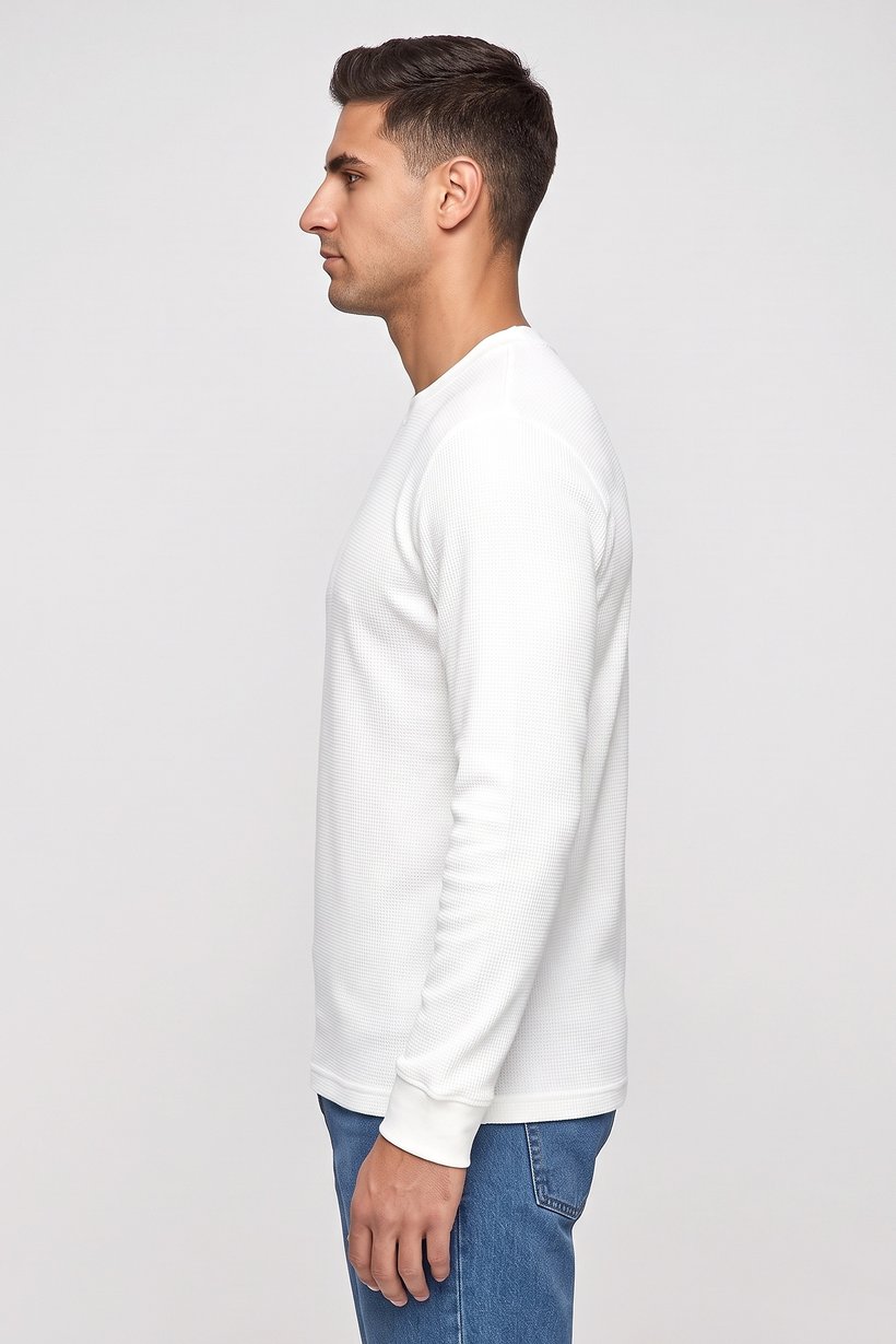 Men Crew Neck Long Sleeve Textured T-Shirt, White