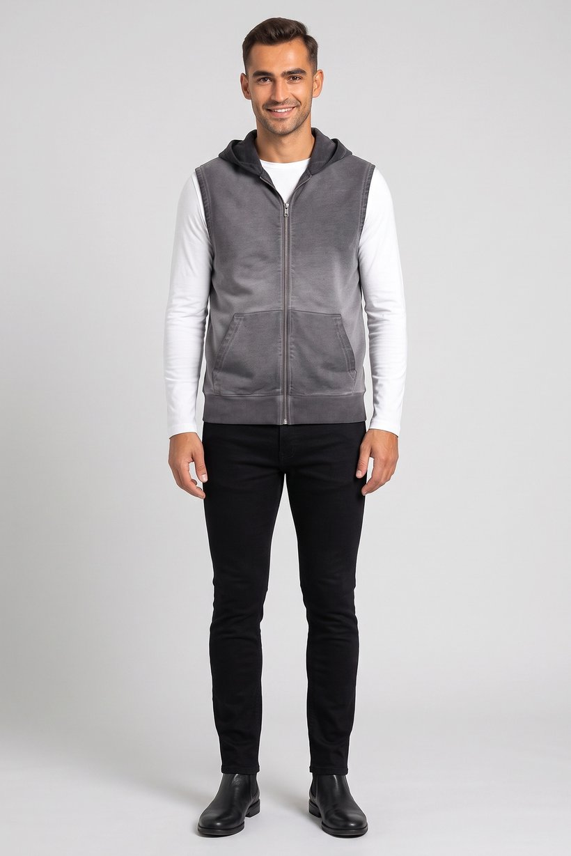 Men Washed Sleeveless Hoodie, Grey