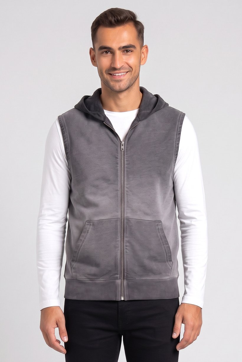 Men Washed Sleeveless Hoodie, Grey