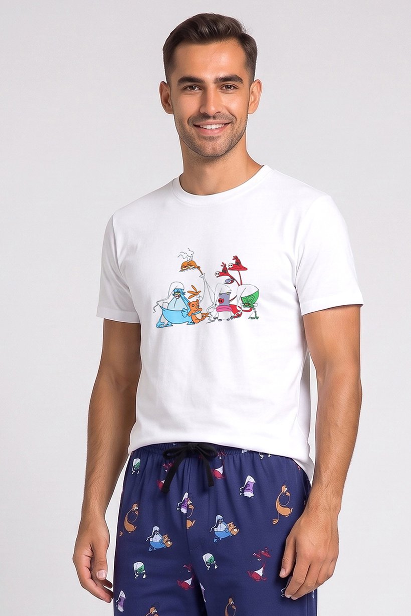 Men 2 Pcs Graphic Print T-Shirt And Pants Pyjama Set, Multicolor
