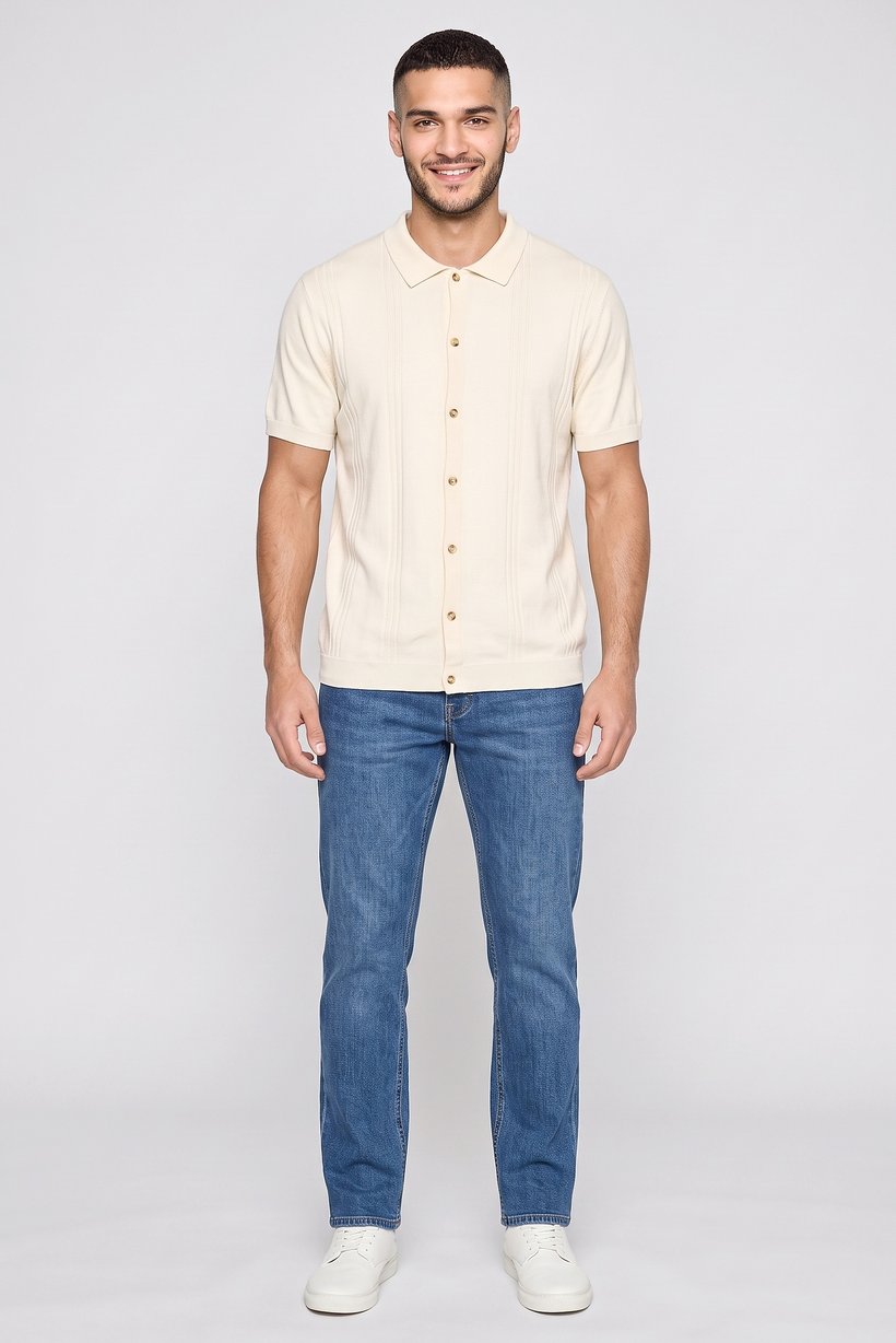 Men Regular Fit Short Sleeve Textured Casual Shirt, Cream