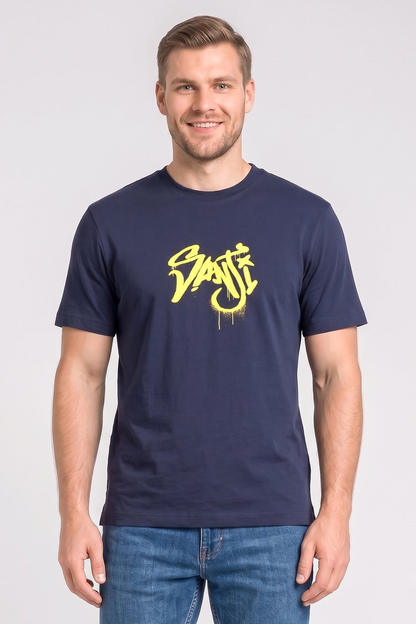 Men Crew Neck Short Sleeves Brand Logo T-Shirt, Navy