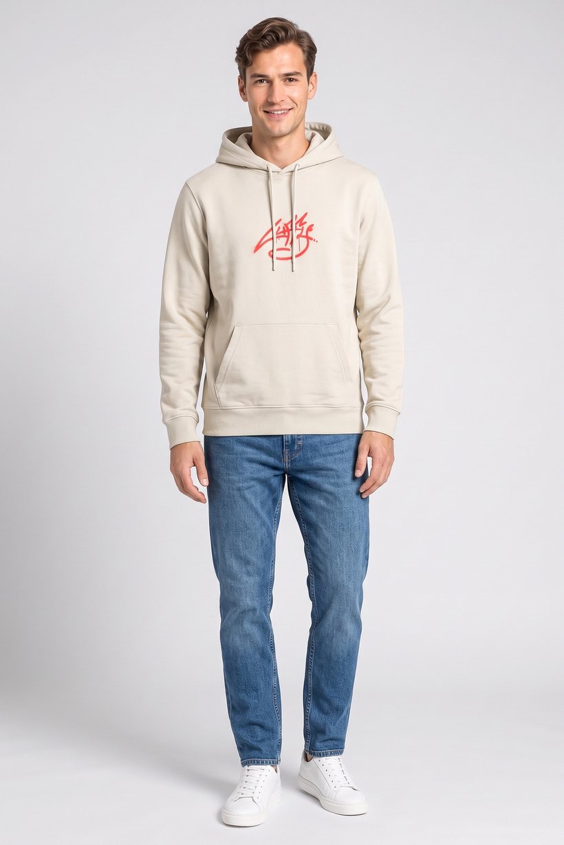Men Graphic Print Long Sleeve Hoodie, Light Beige