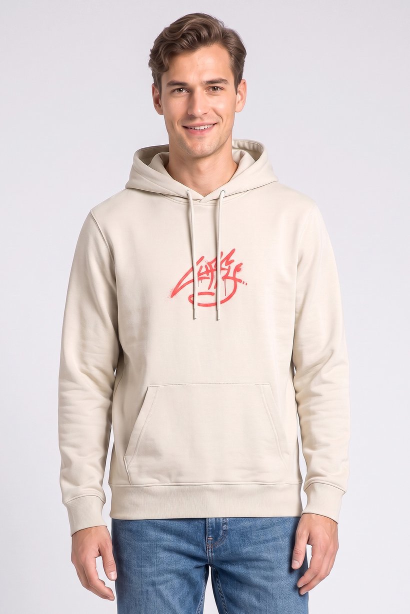 Men Graphic Print Long Sleeve Hoodie, Light Beige
