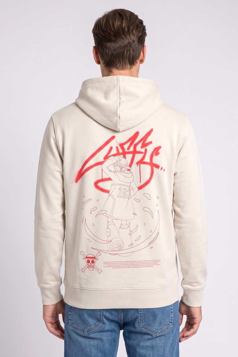 Men Graphic Print Long Sleeve Hoodie, Light Beige