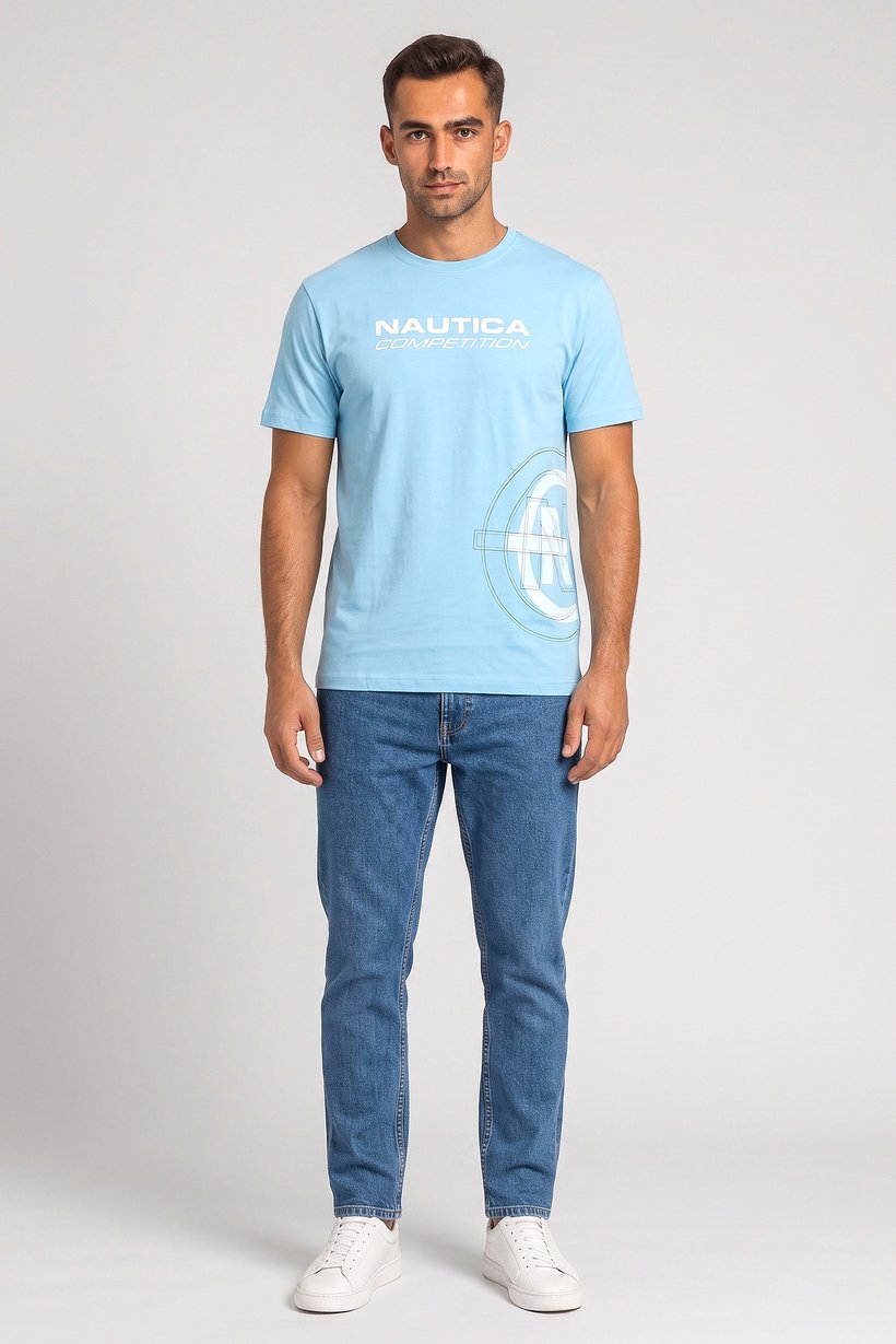 Men Crew Neck Short Sleeve Brand Logo T-Shirt, Blue