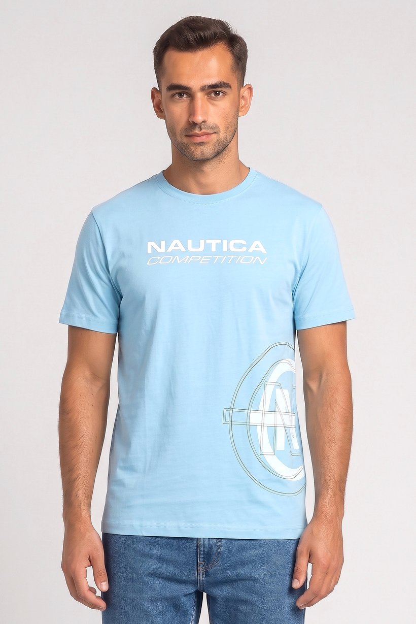 Men Crew Neck Short Sleeve Brand Logo T-Shirt, Blue