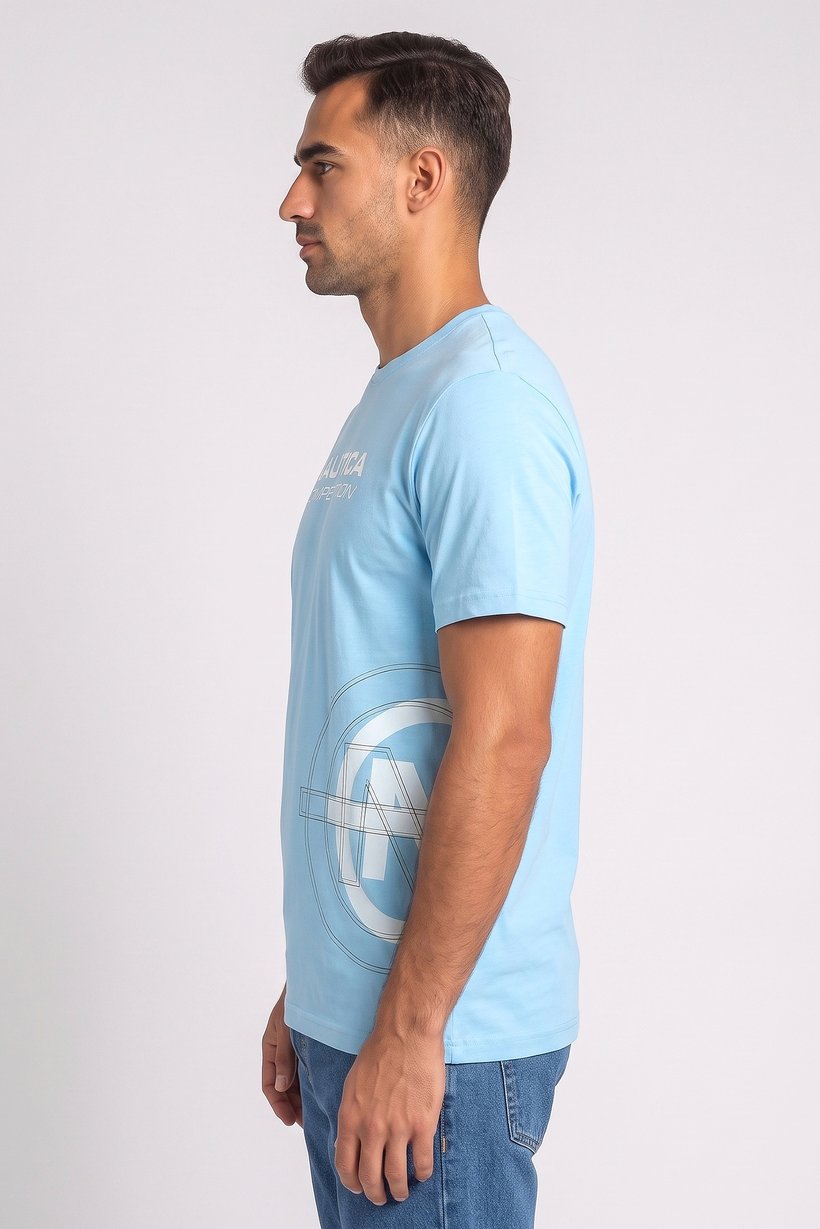 Men Crew Neck Short Sleeve Brand Logo T-Shirt, Blue