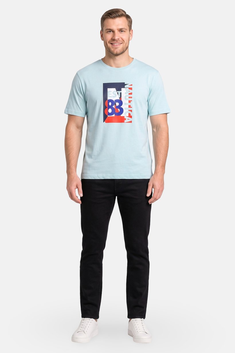 Men Crew Neck Short Sleeve Graphic Print T-Shirt, Pale Turquoise