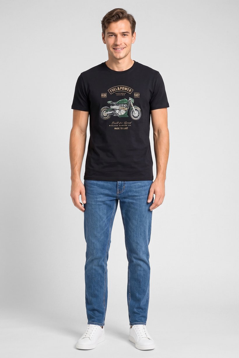 Men Crew Neck Short Sleeve Graphic Print T-Shirt, Black