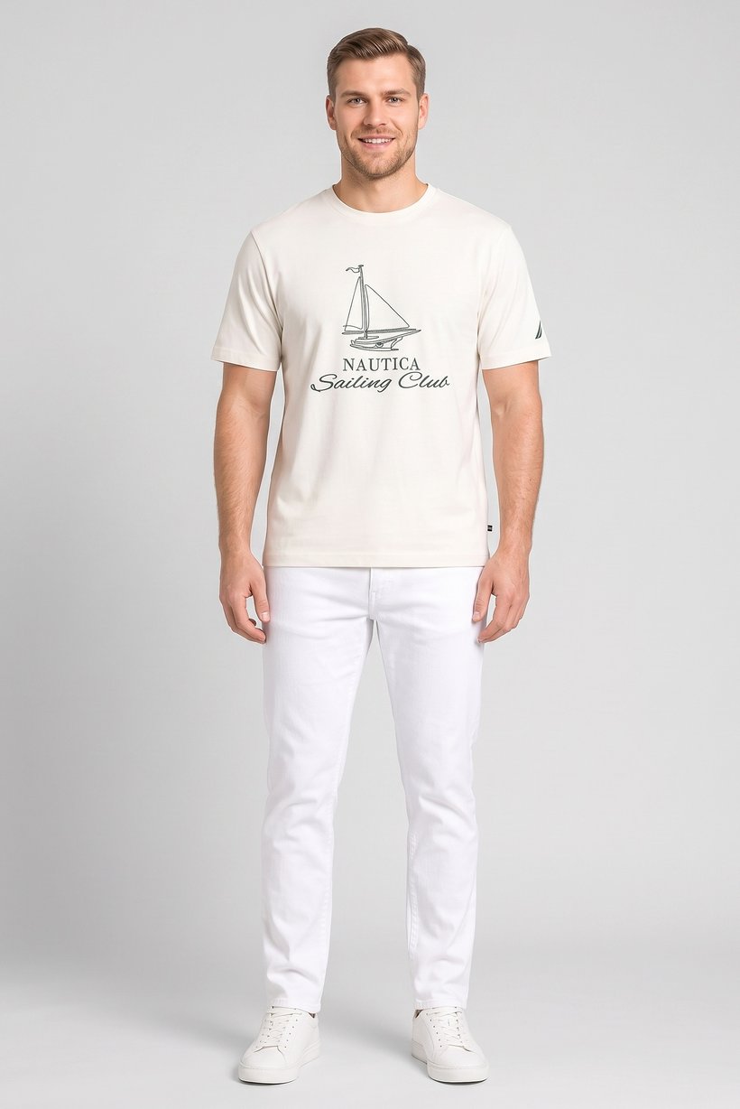 Men Crew Neck Short Sleeve Graphic Print T-Shirt, Cream