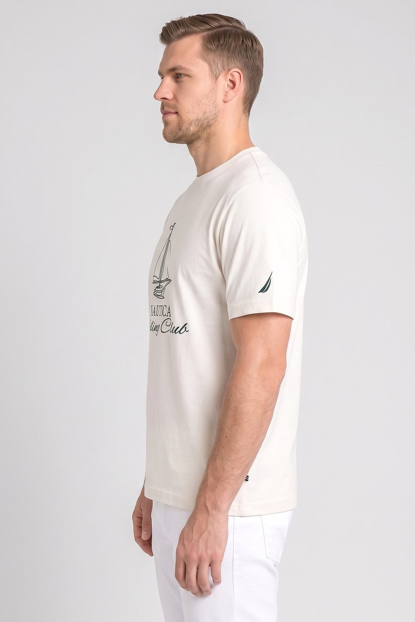 Men Crew Neck Short Sleeve Graphic Print T-Shirt, Cream