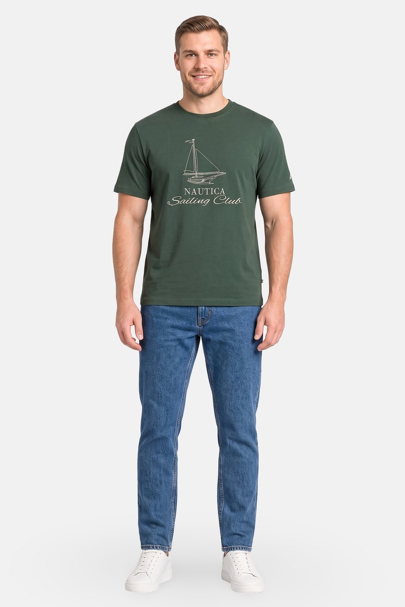 Men Crew Neck Short Sleeve Embroidered Logo T-Shirt, Dark Green