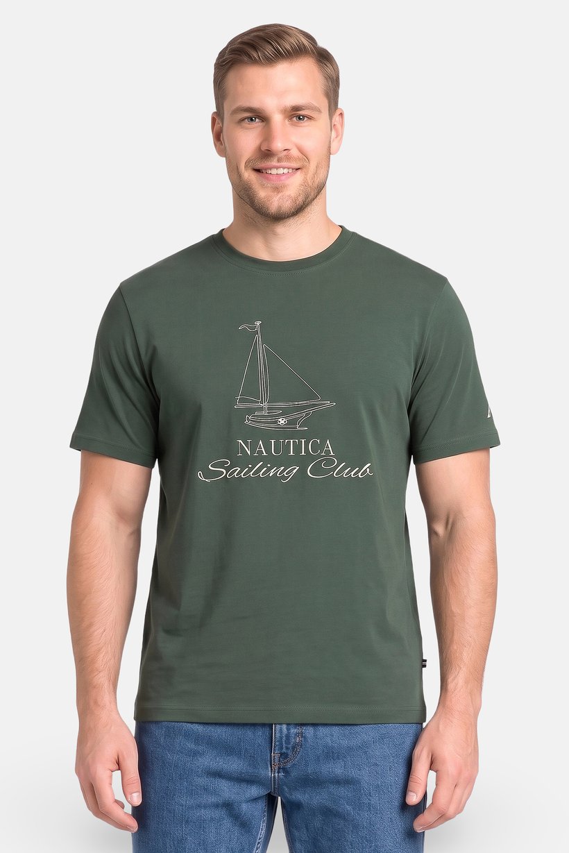 Men Crew Neck Short Sleeve Embroidered Logo T-Shirt, Dark Green