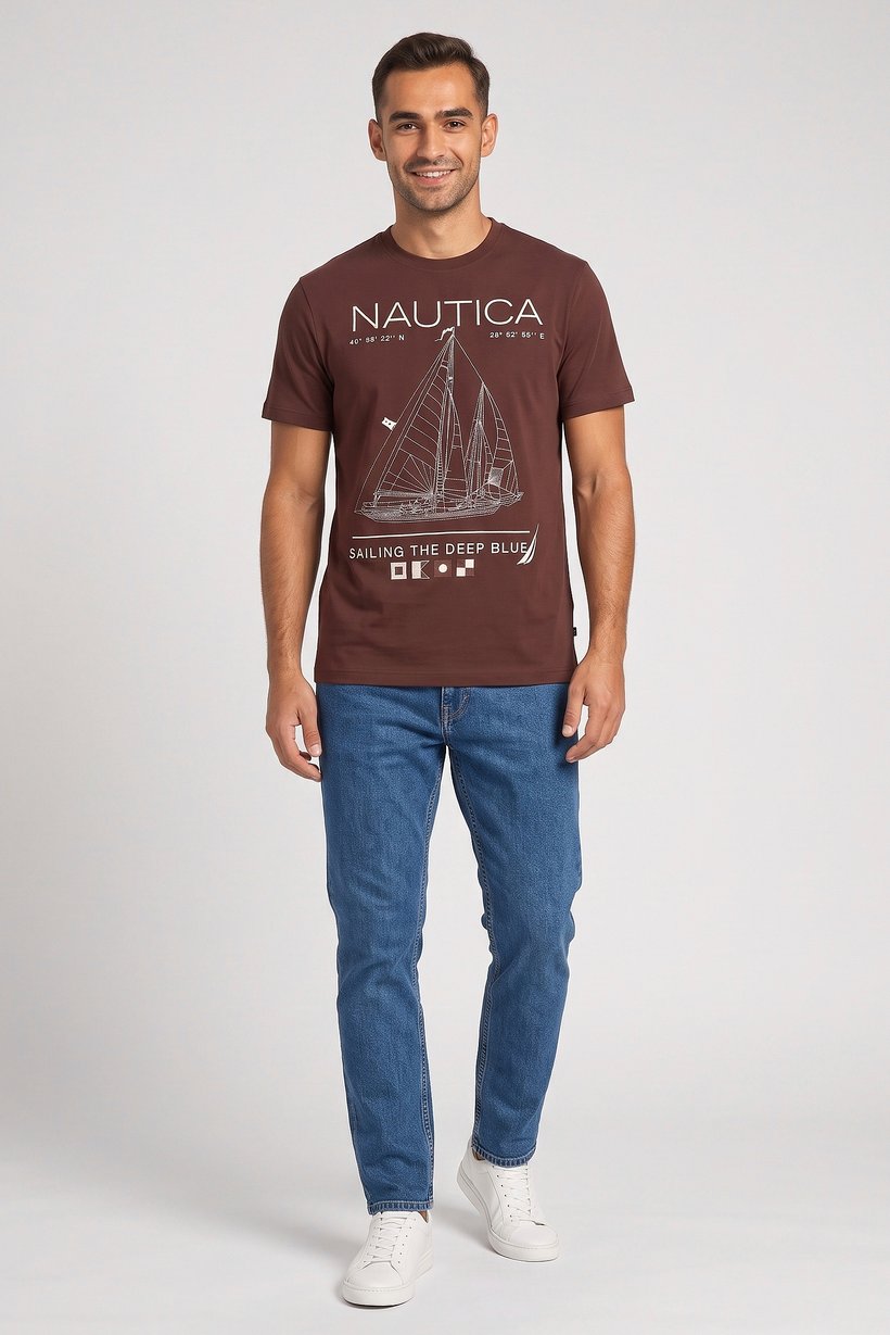 Men Crew Neck Short Sleeve Embroidered Logo T-Shirt, Chocolate Brown