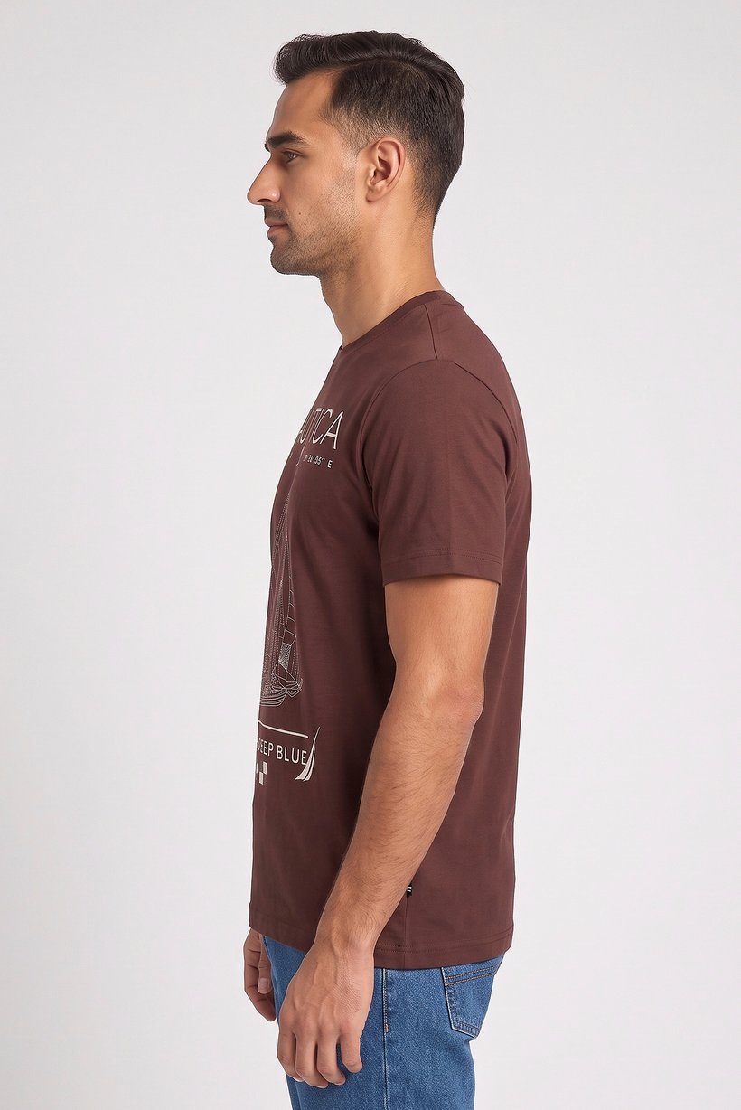 Men Crew Neck Short Sleeve Embroidered Logo T-Shirt, Chocolate Brown