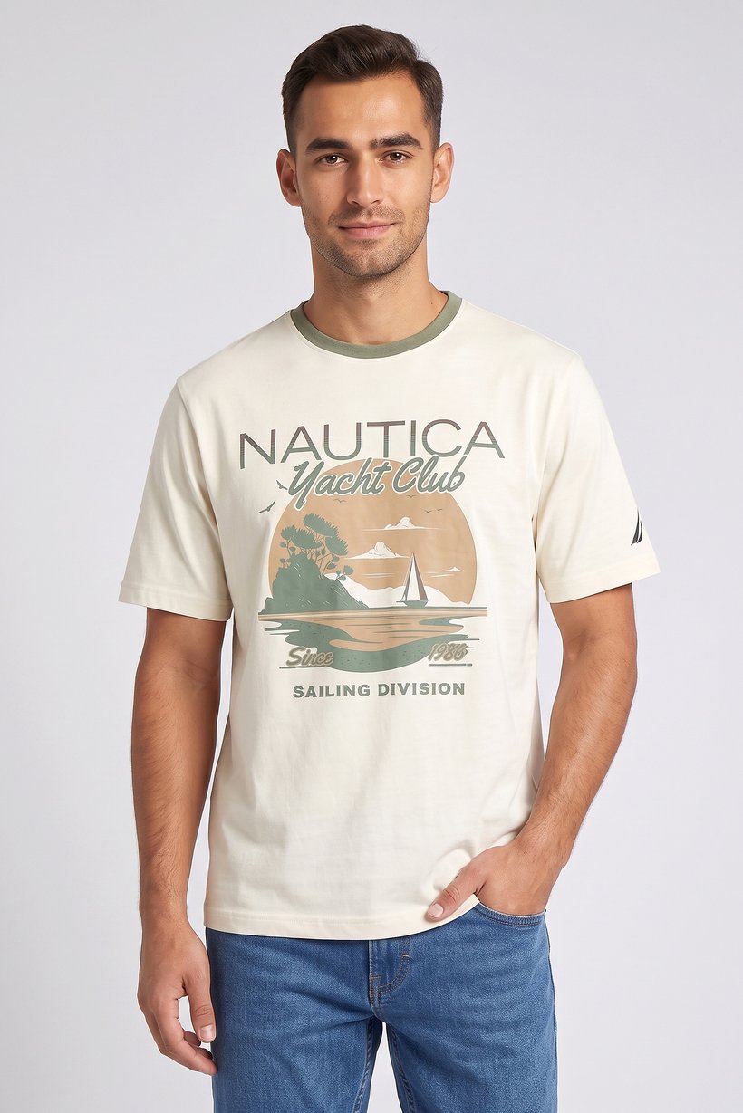 Men Crew Neck Short Sleeve Graphic Print T-Shirt, Ivory