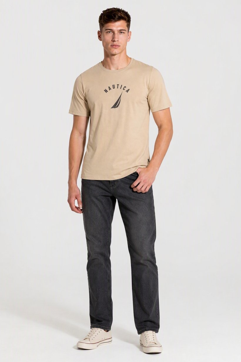 Men Crew Neck Short Sleeve Brand Logo T-Shirt, Beige