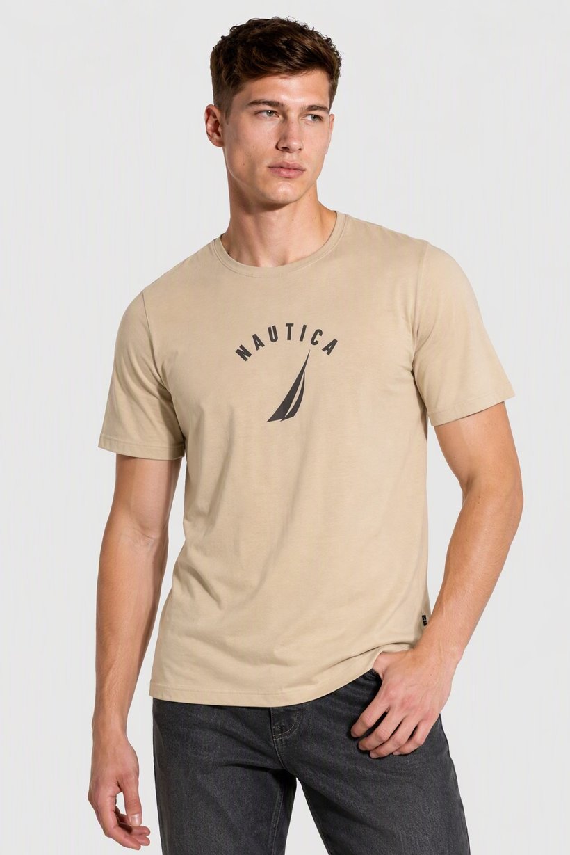Men Crew Neck Short Sleeve Brand Logo T-Shirt, Beige