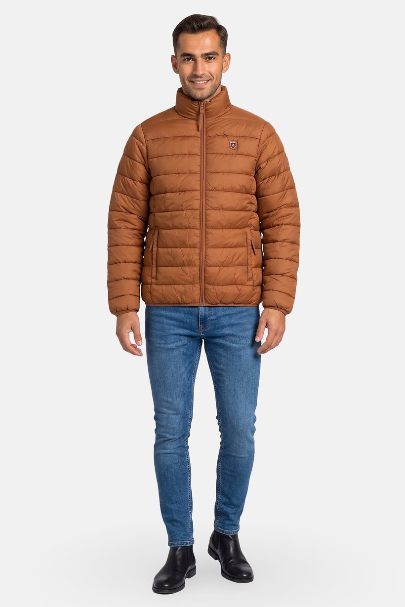 Men Brand Logo Long Sleeve Puffer Jacket, Brown