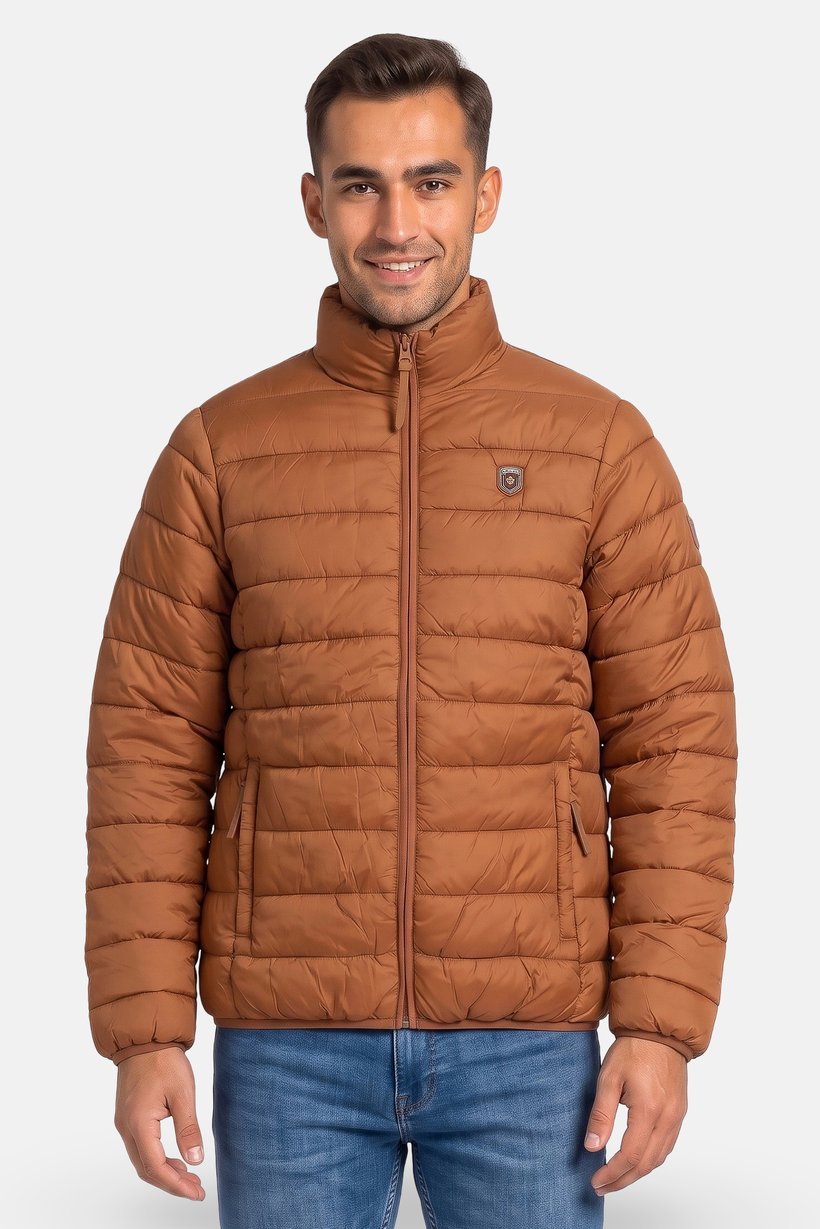 Men Brand Logo Long Sleeve Puffer Jacket, Brown