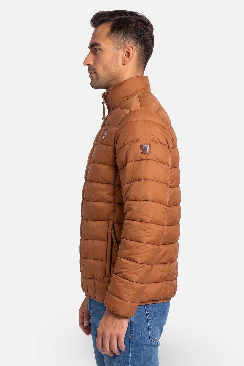 Men Brand Logo Long Sleeve Puffer Jacket, Brown